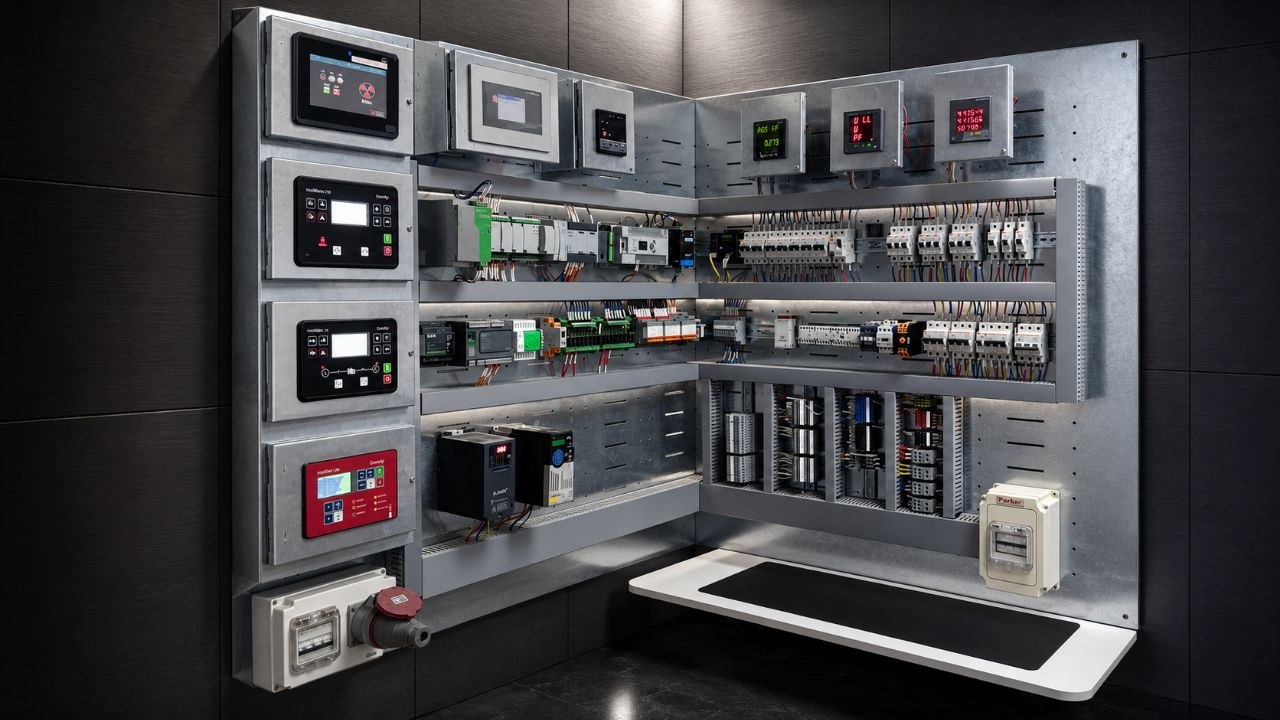 Industrial automation training laboratory with PLC, HMI, protection and instrumentation equipment