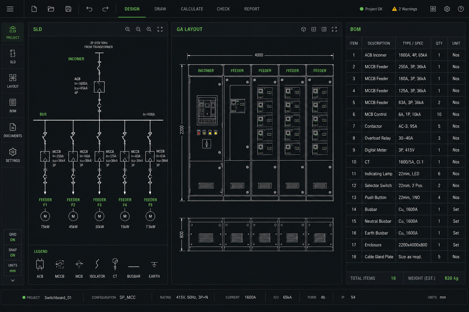 Electrical panel design software workspace showing SLD, GA layout and bill of materials